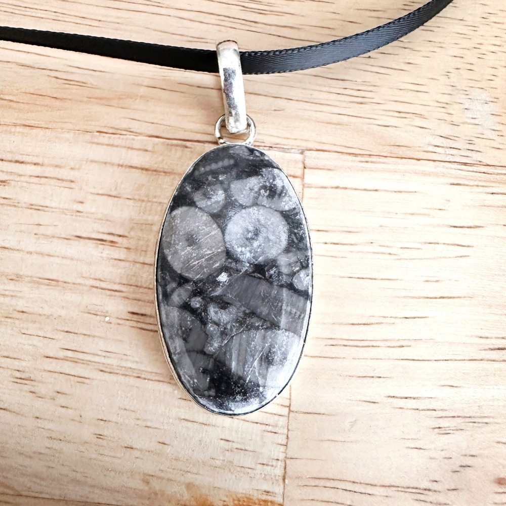 Fossil Coral Pendant Sterling Silver 925 Oval Bezel Set 1.5" Natural Stone